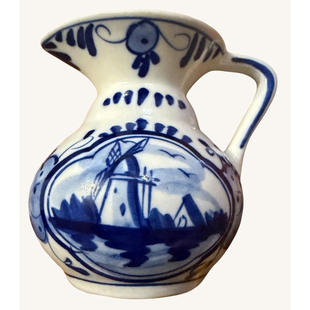 Vintage Handpainted Delft Blue Miniature Pitcher Creamer Windmill & Floral 3"